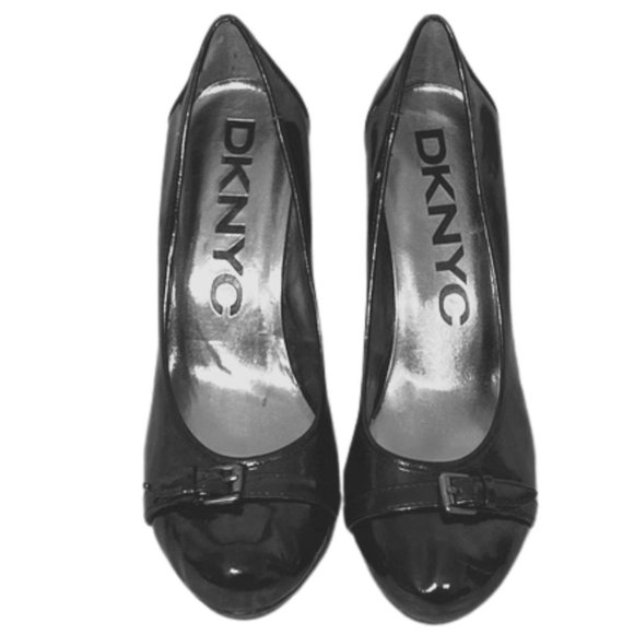 DKNY BLACK PATENT LEATHER PLATFORM ROUND TOE PUMP HIGH HEELS WOMEN SHOES SZ 9 - Picture 2 of 4